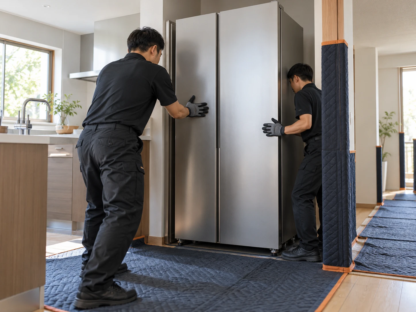 住宅のキッチンに冷蔵庫を設置する配送スタッフ