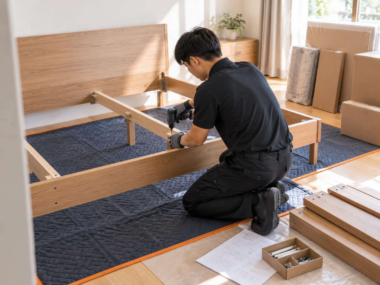 住宅の寝室でベッドフレームを組み立てる配送スタッフ