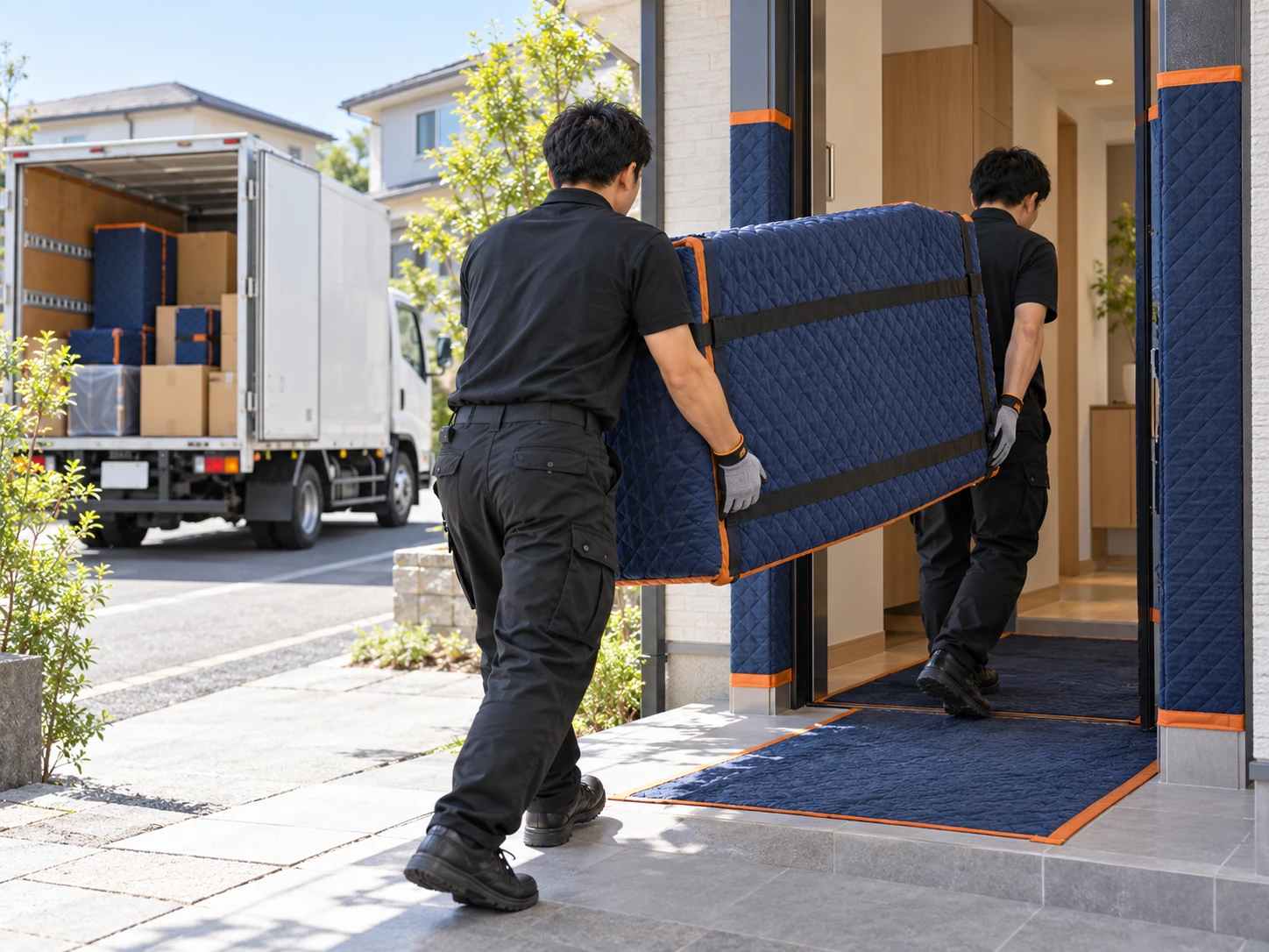 新居へ家具を運び入れる引越しスタッフ