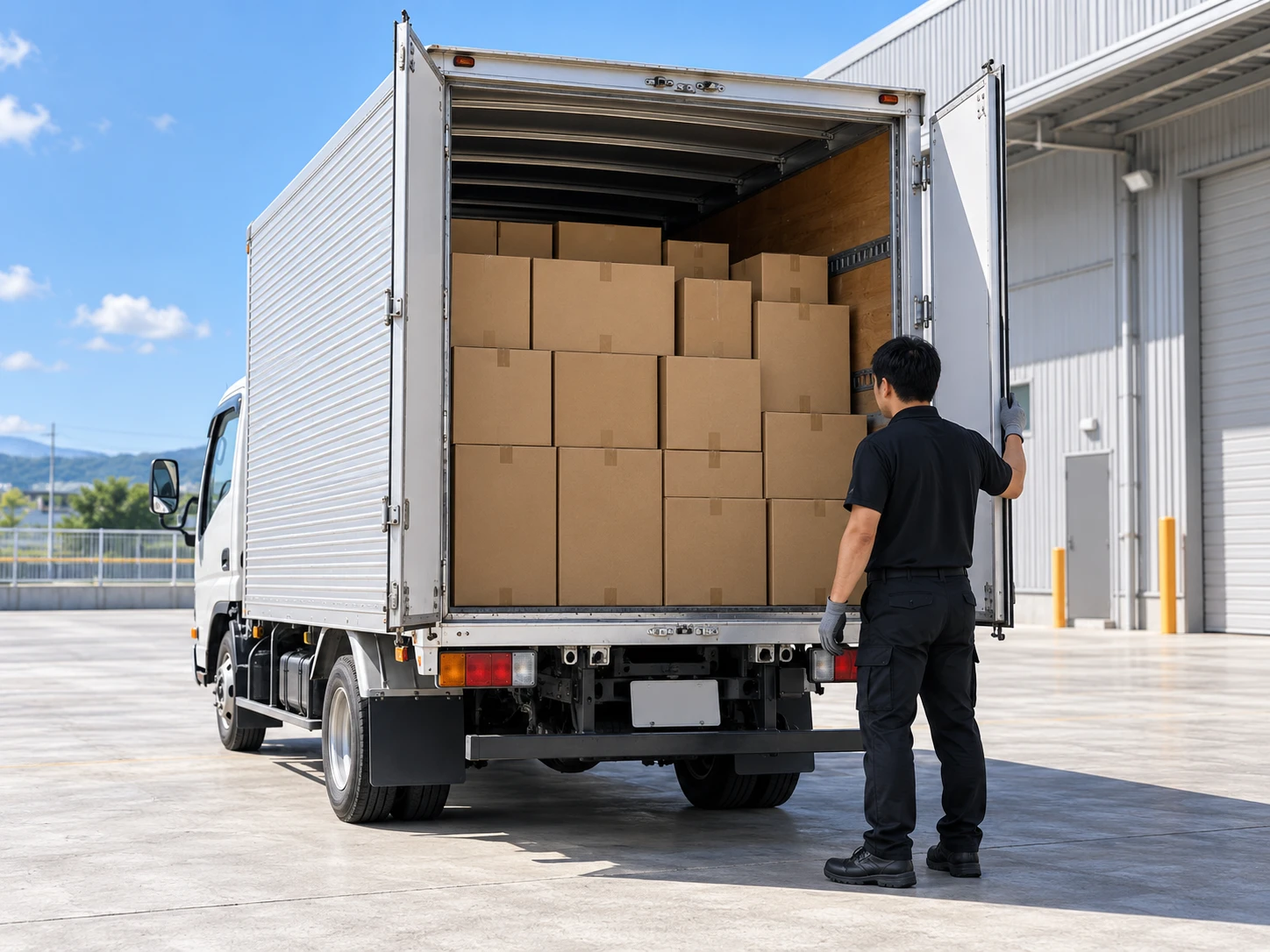 出発前に荷台の積み荷を確認する貸切チャーター便のドライバー