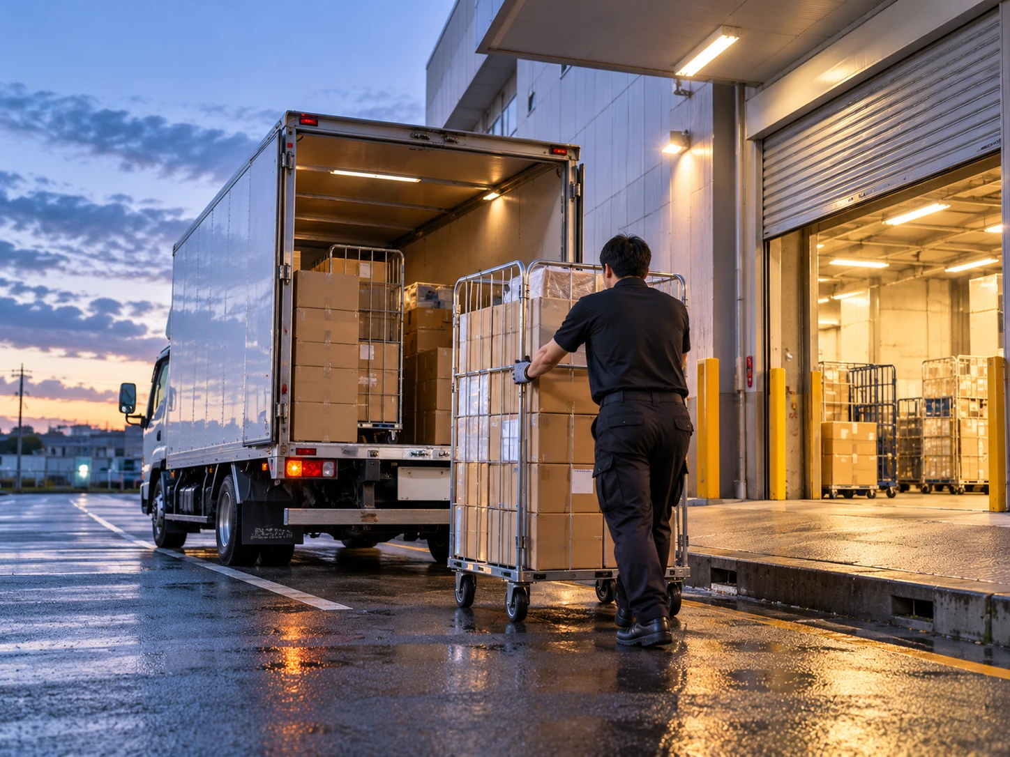 夜明けの搬入口へカゴ台車で荷物を運び込む定期便のドライバー