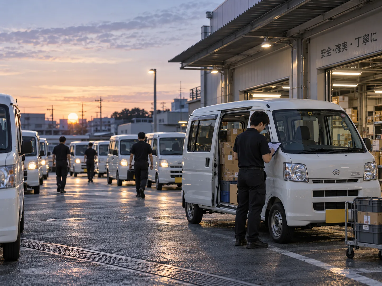 朝の営業所で軽バンに荷物を積み込み出発するドライバーたち