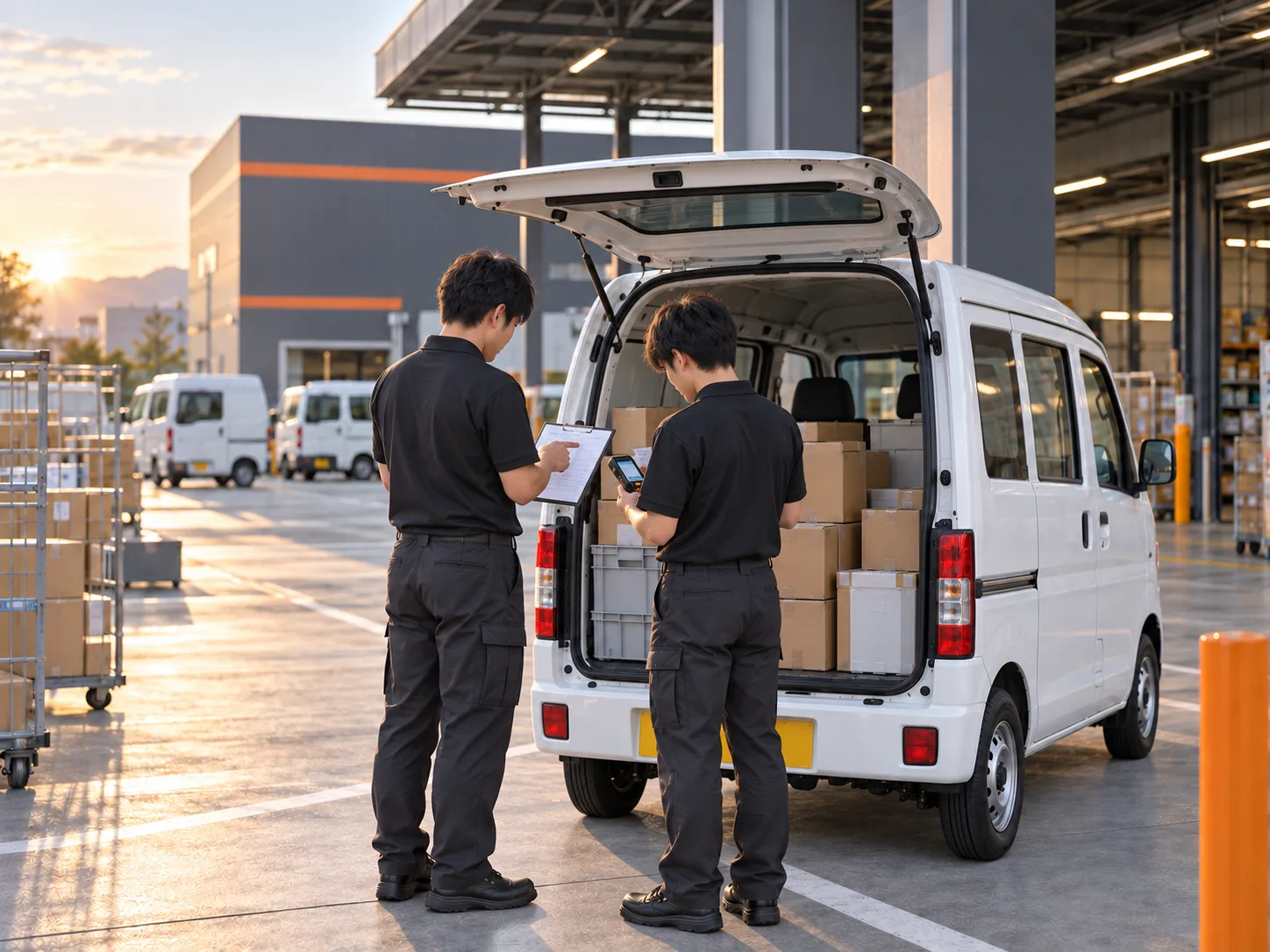 軽バンの荷室前で端末と伝票を突き合わせて荷物を確認するドライバー