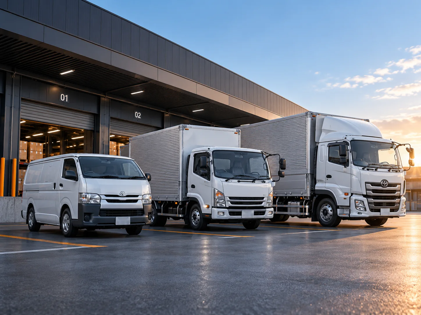 物流拠点に並ぶハイエースと2tトラック