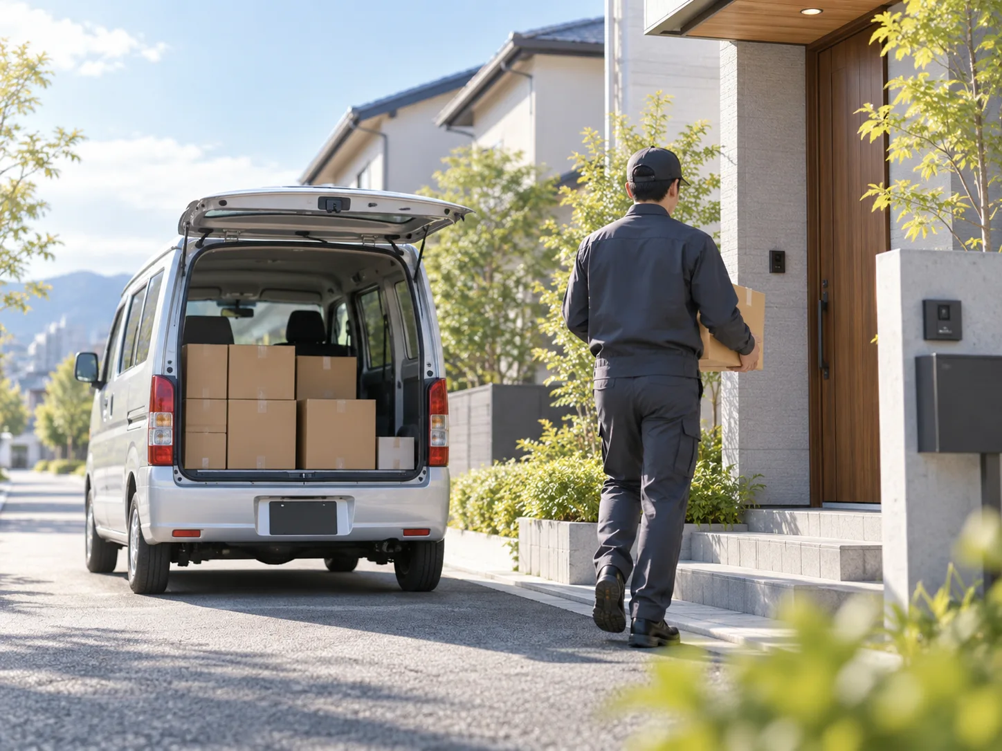 住宅街で荷物を届ける軽貨物ドライバー